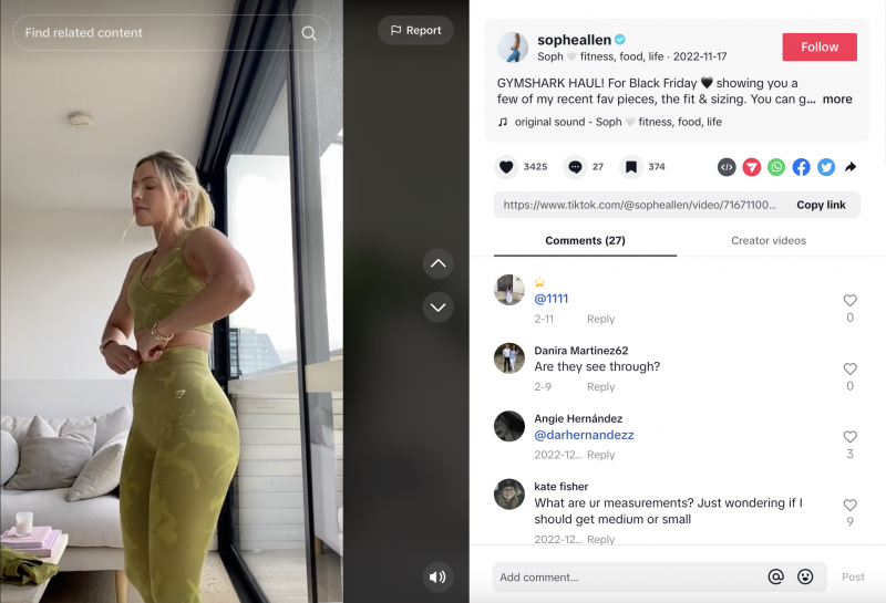   @सोफ़ेएलेन का स्क्रीनशॉट's Gymshark haul on TikTok. In the caption, she shares information about the clothes and her discount code.