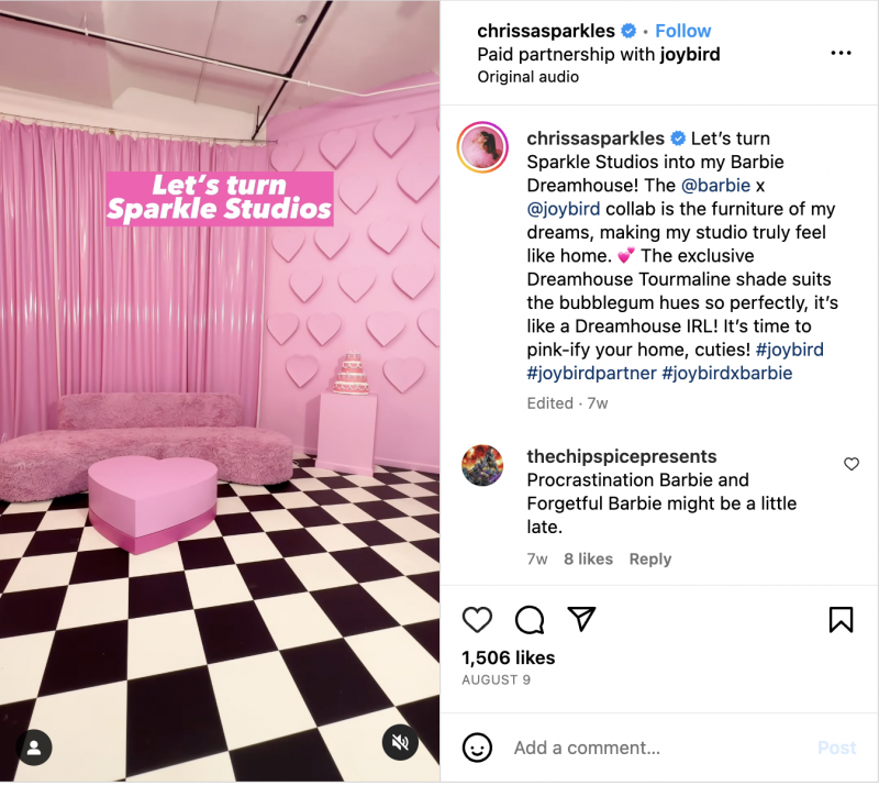   @क्रिसास्पार्कल्स' Instragram Reel where she transforms her studio into a Barbie Dreamhouse for her collaboration with Joybird.