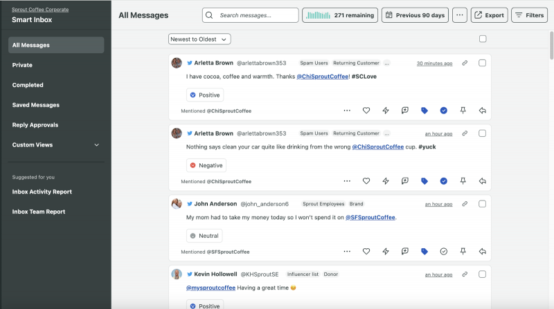   Inteligentní doručená pošta společnosti Sprout Social, která zobrazuje zprávy se zmínkami o značce s uživatelskými a sentimentálními značkami.