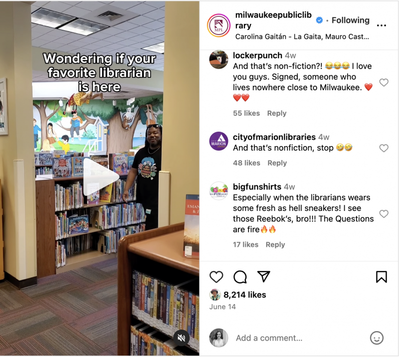   Un Instagram Reel della Biblioteca pubblica di Milwaukee su qualcuno che vede il suo bibliotecario preferito in biblioteca