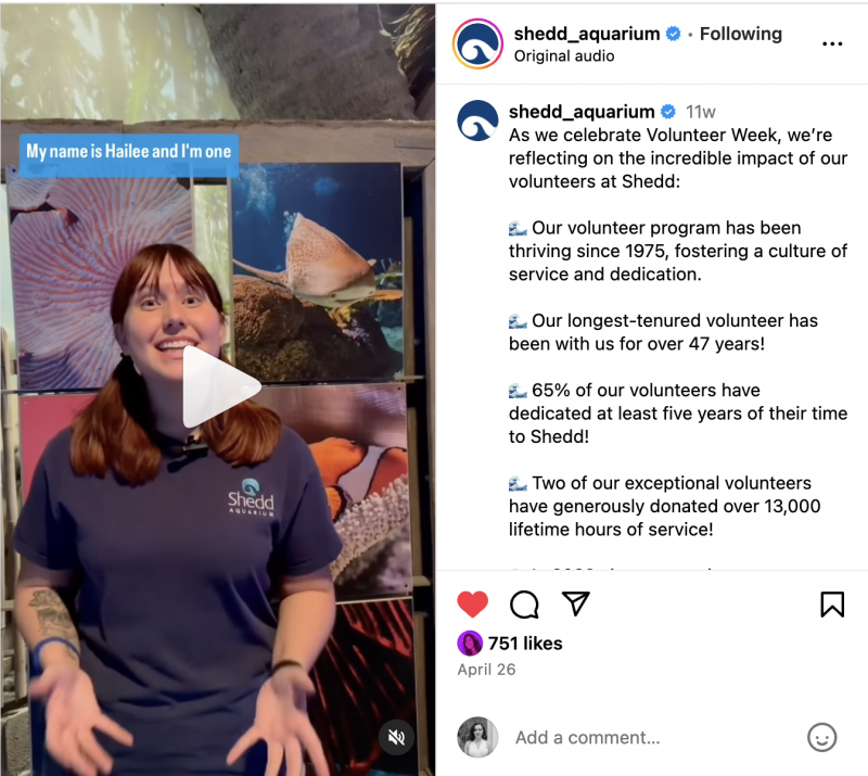   Un Instagram Reel dello Shedd Aquarium con i volontari che spiegano i loro ruoli durante la Settimana del Volontariato