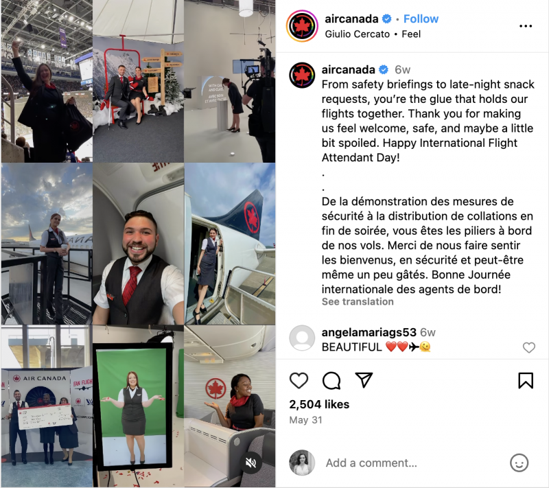   Una raccolta Instagram di Air Canada di video e foto di assistenti di volo