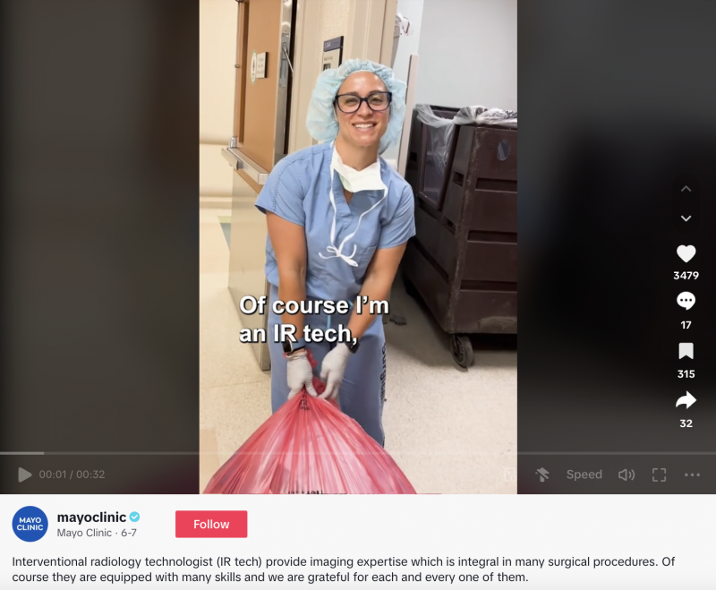   Un TikTok della Mayo Clinic di tecnici IR che spiega il loro ruolo utilizzando una tendenza dei social media
