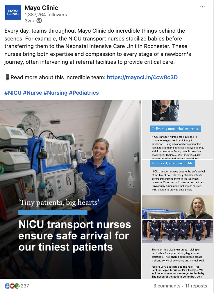   Un post su LinkedIn della Mayo Clinic che spiega le responsabilità degli infermieri trasportatori della terapia intensiva neonatale
