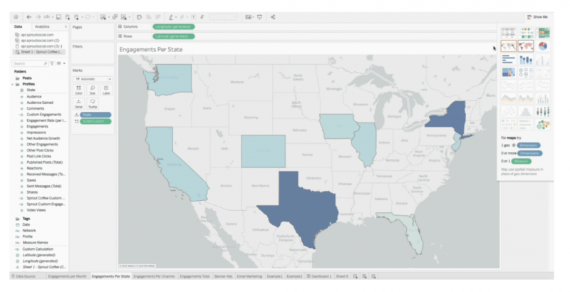   Sprout データは自動的に Tableau に表示され、必要に応じてカスタマイズできます。