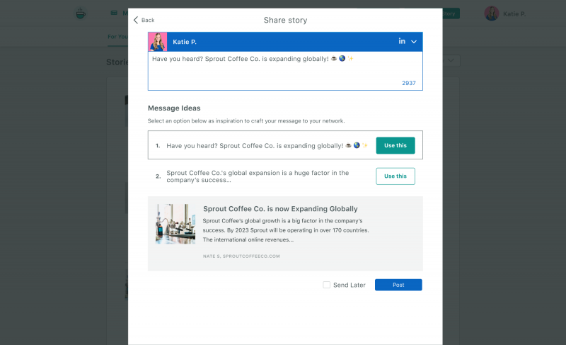   Germoglio's Employee Advocacy platform where you can see how posts are curated for employees to share.