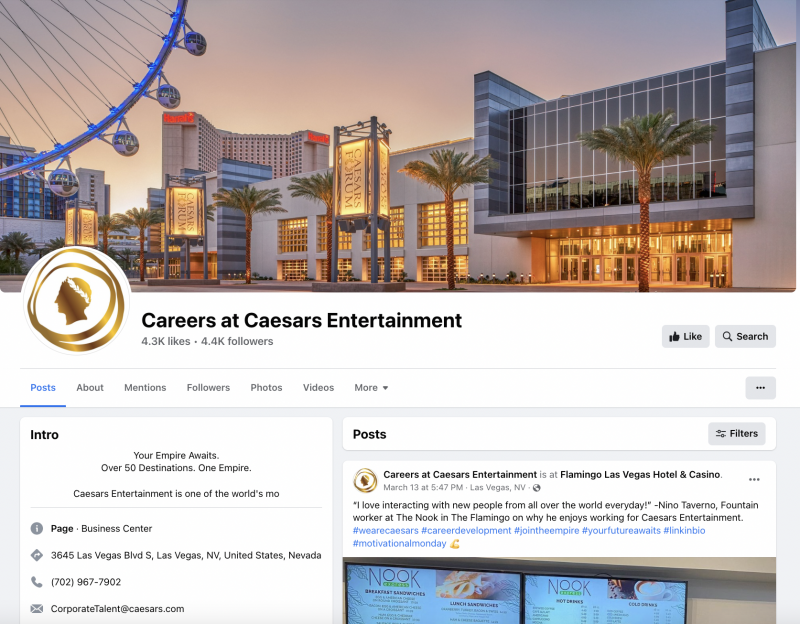   Uno screenshot di Careers at Caesers Entertainment, una pagina Facebook dedicata alla pubblicazione di posizioni aperte e alla condivisione di post sui team.