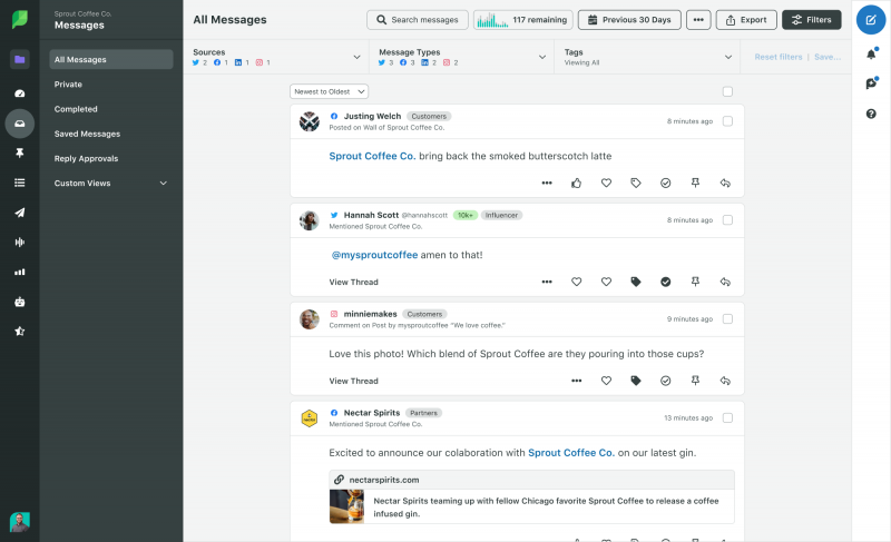   Uno screenshot di Sprout Social's Smart Inbox tool displaying messages from multiple social platforms in one feed.