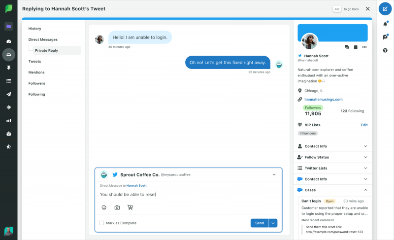   Een screenshot van de contactweergave in de Smart Inbox. U kunt zien hoe de Sprout-gebruiker reageert op een klant, en de klant's Salesforce information in the panel on the right side of the screen.