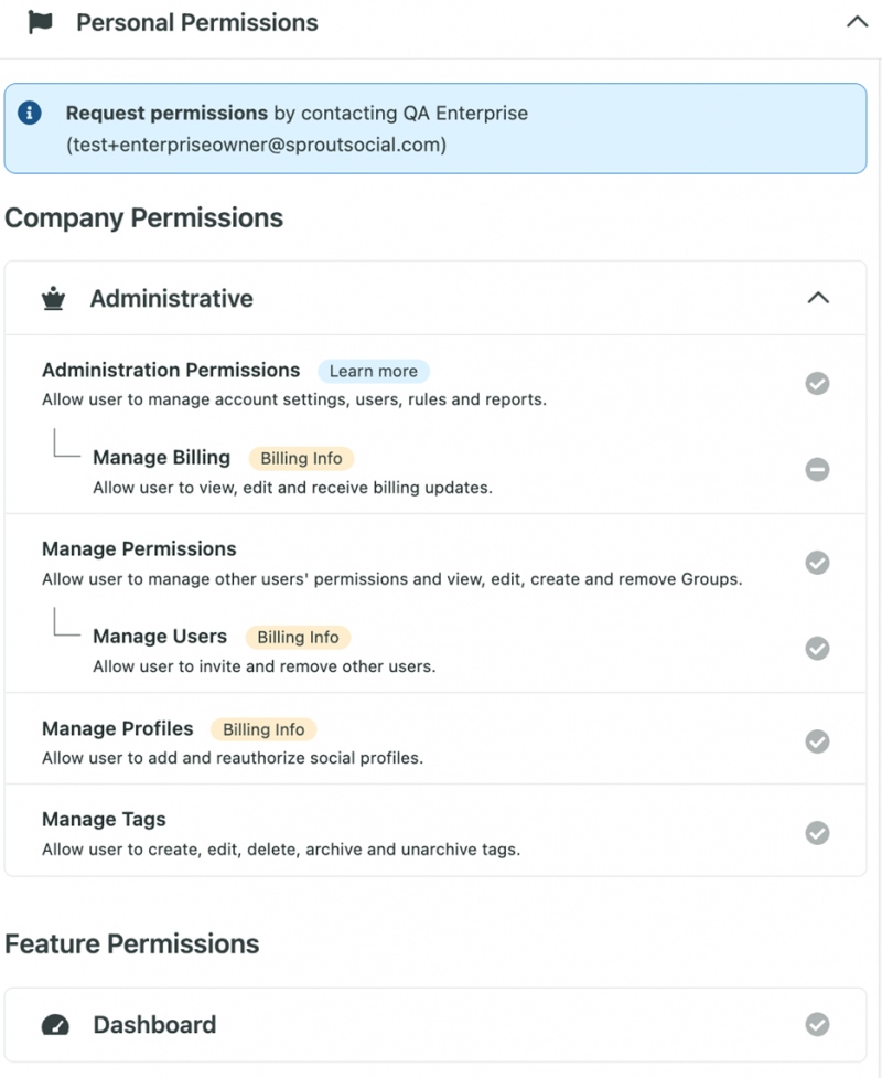 La página de configuración de permisos personales dentro de Sprout.