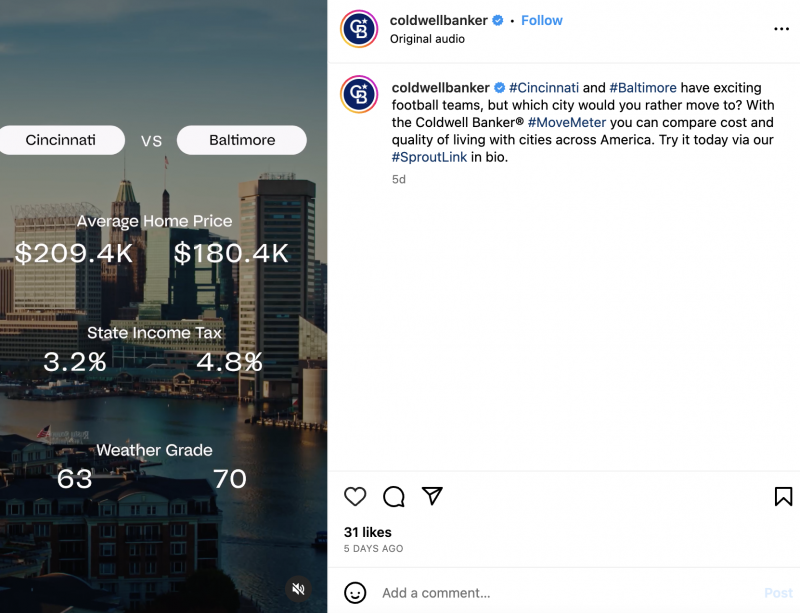   Publicación de Instagram de Coldwell Banker que muestra una comparación entre Cincinnati y Baltimore y una leyenda que dice"Cincinnati and Baltimore have exciting football teams, but which city would you rather move to?"