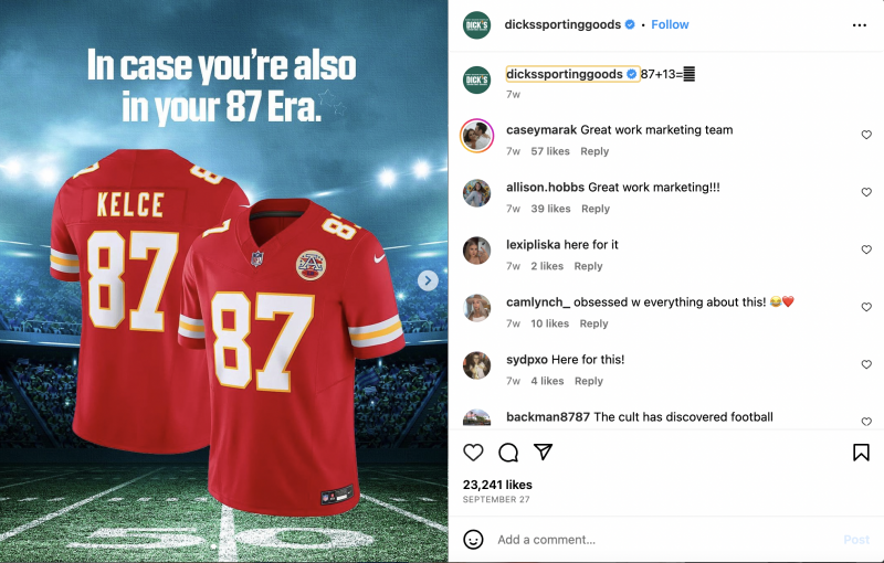   Publicación de Instagram de Dick's Sporting Goods showing Travis Kelce's 87 Jersey with text that reads "In case you're also in your 87 era."