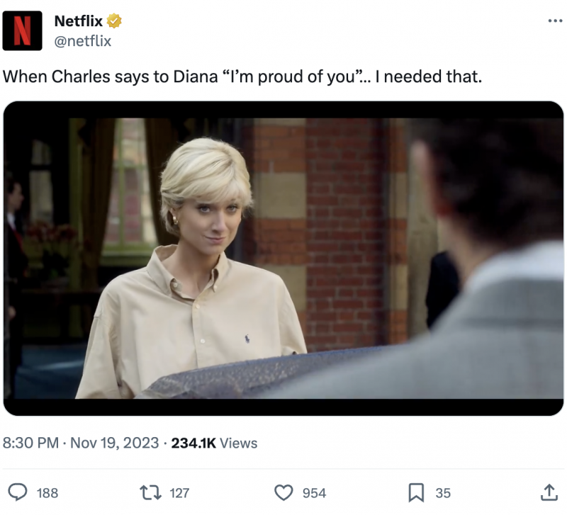   Publicación de Twitter de Netflix que muestra una imagen fija del programa 'The Crown' y una leyenda que dice 'cuando Charles le dice a Diana'I'm proud of you'...I needed that"