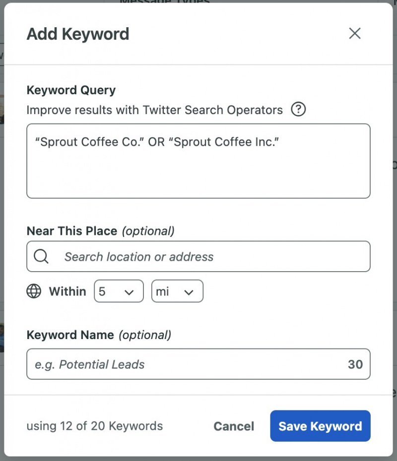   Ajout de mots-clés de marque à suivre à l'aide de Sprout Social's brand keyword tool
