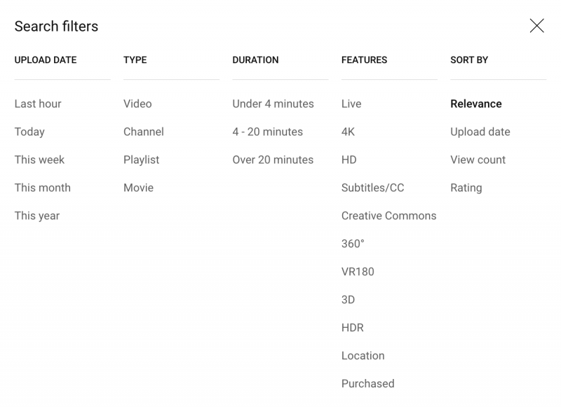   Options de filtre de recherche dans la recherche YouTube