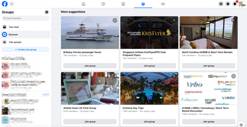   Résultats de recherche à l'aide des groupes Facebook