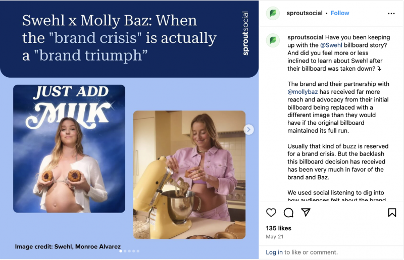   Sprout Social による Instagram の投稿では、Swehl のブランドへの影響を詳しく掘り下げています's billboard ad campaign featuring Molly Baz, highlighting the brand's daring and effective approach. 