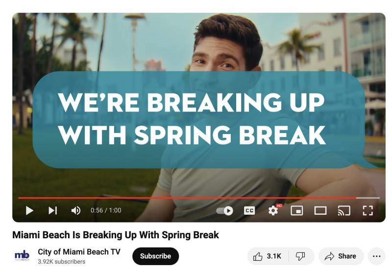   マイアミ市ビーチ TV による YouTube 動画の静止画"Miami Beach Is Breaking Up With Spring Break." 