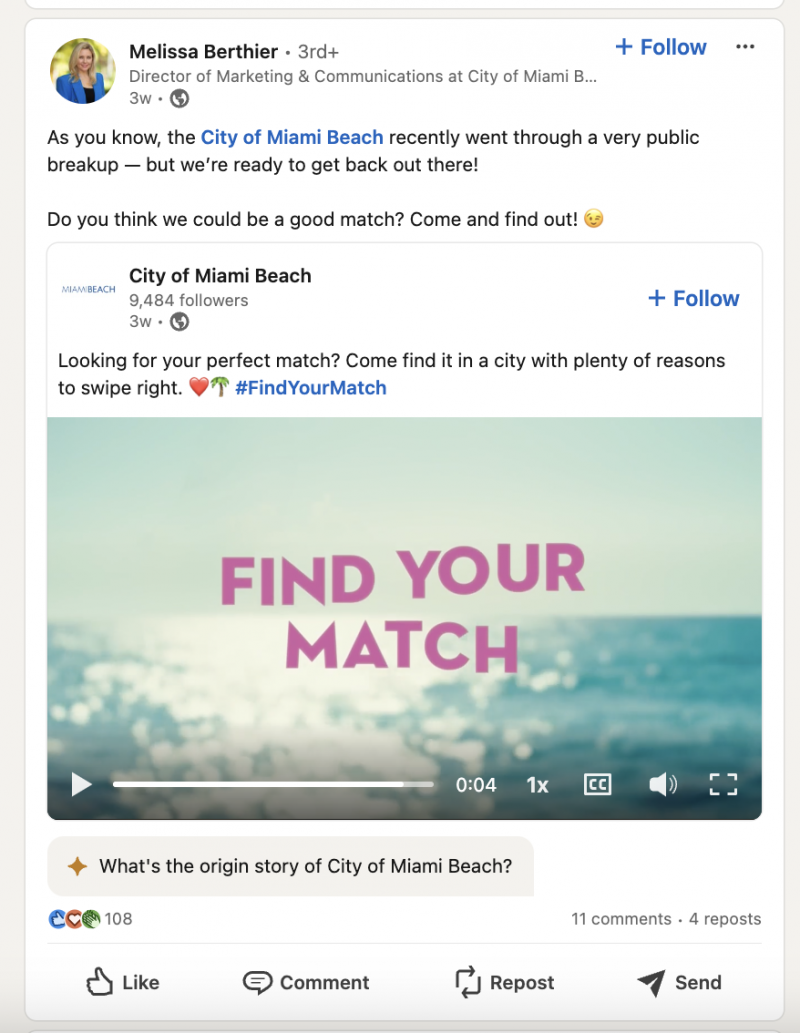   #FindYourMatch のキャンペーン動画を共有している Melissa Berthier による LinkedIn 投稿のスナップショット。