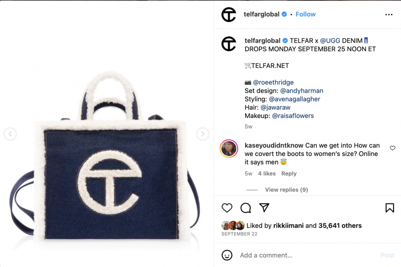   एक इंस्टाग्राम हिंडोला पोस्ट जिसमें 2023 Telfar x UGG कलेक्शन के लिए डेनिम और शीपस्किन बैग और अन्य डिज़ाइन शामिल हैं।
