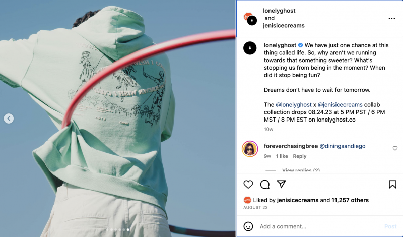   जेनी की एक इंस्टाग्राम पोस्ट's Ice Creams and Lonely Ghost featuring their clothing collaboration. In the caption, they share information about the collaboration including the launch date.