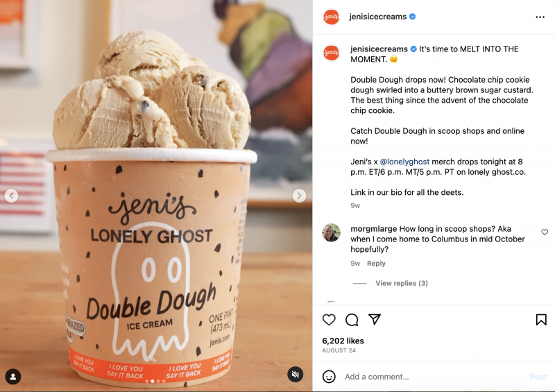   जेनी की एक इंस्टाग्राम पोस्ट's Ice Creams featuring their ice cream collaboration with Lonely Ghost. In the caption, they share information about the ice cream flavor and the launch date for the brand collaboration.