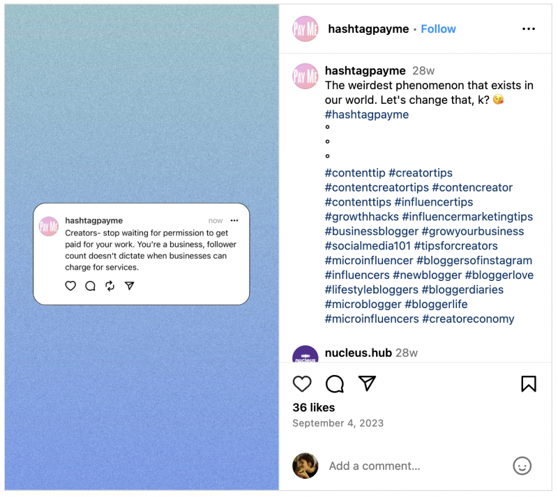   Une publication Instagram de Hashtag Pay Me, expliquant que les créateurs devraient arrêter d'attendre la permission pour être payés pour leur travail