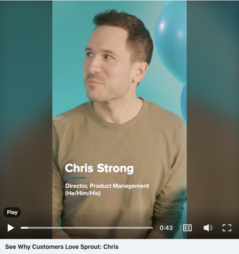   Capture d'écran de Chris Strong, directeur du marketing produit, parlant des commentaires des clients qui placent Sprout sur la liste des meilleurs logiciels de G2 pour la septième année consécutive.