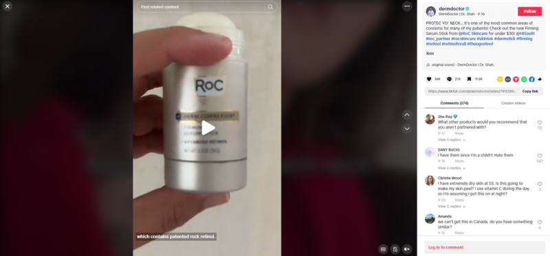   DermDoctor TikTok-indlæg med Roc-produkt