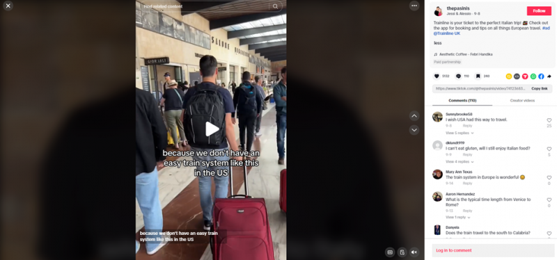   Pasinis TikTok-indlægget med et partnerskab med Trainline