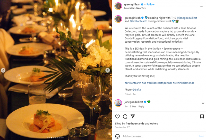   GreenGirlLeah Instagram-opslag af et spisebord, der promoverer hendes partnerskab med Brilliant Earth