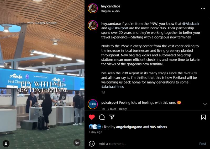 Naviják na Candace Molatore's Instagram feed, showing the Portland Oregon Airport.