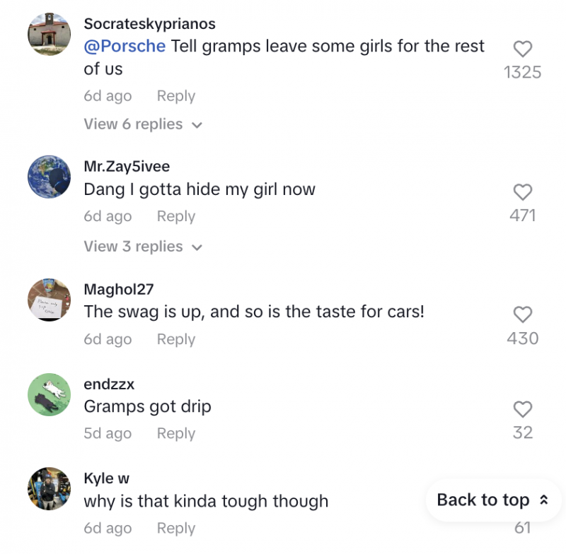   Une capture d'écran des commentaires sur Porsche's TikTok post featuring @Jaadie, a stylish elderly influencer. The comments were overwhelmingly positive, with users commenting their love for his looks. 