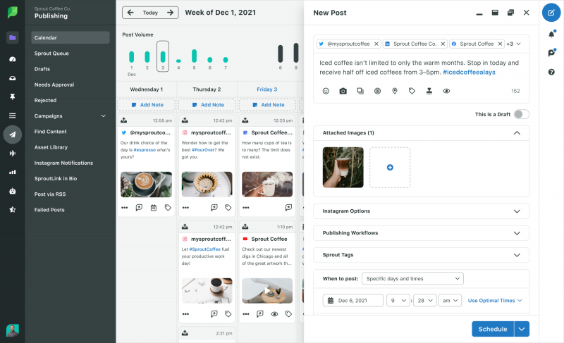   Snímek obrazovky funkce Compose ve Sprout Social's Publishing Calendar. It demonstrates how to request approval with one click. 