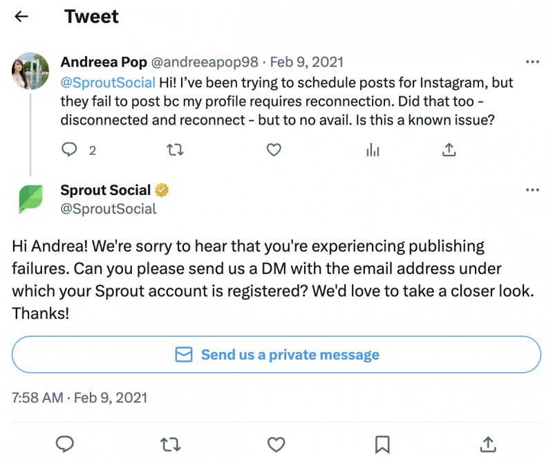   Publicación en Twitter del equipo de atención al cliente respondiendo a un mensaje de Twitter
