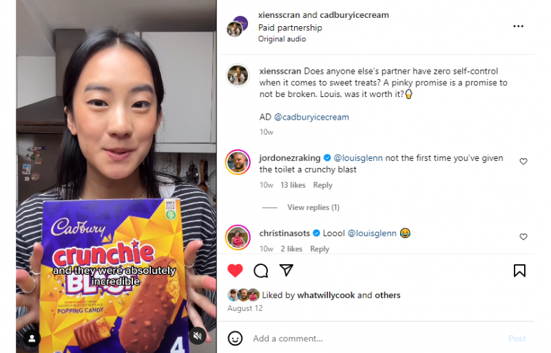   Xiensscrans se spojila se zmrzlinou Cadbury, aby propagovala své produkty jejímu publiku složenému z lidí se zájmem o obsah jídla na Instagramu.