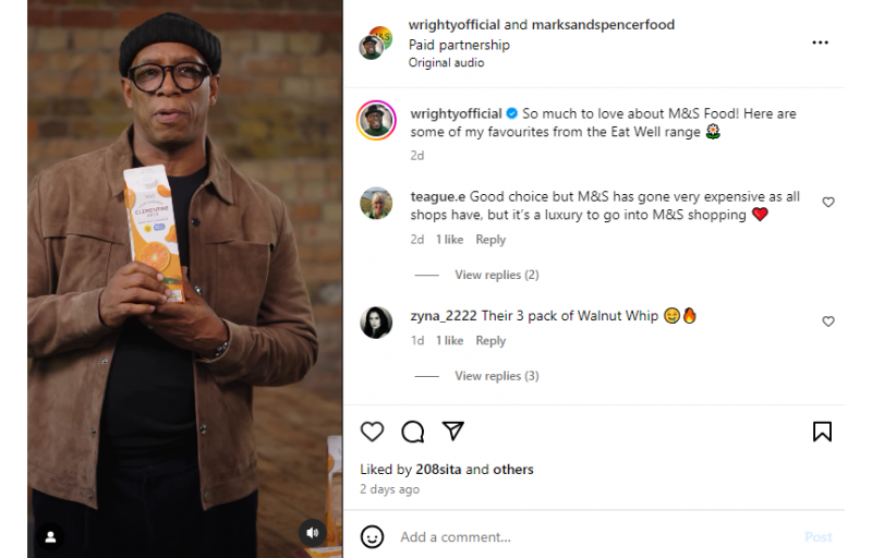   Příspěvek na Instagramu od M&S Food, který spolupracuje s britskou fotbalovou legendou Ianem Wrightem a propaguje jeho autentické ocenění jejich zdravé řady produktů