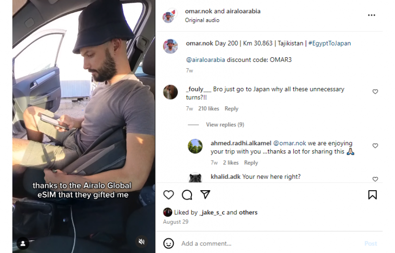   Příspěvek na Instagramu, kdy Omar.nok uzavřel partnerství s Airalem, který mu daroval eSIM jako součást svého sponzorství za propagaci jejich produktu svým následovníkům.