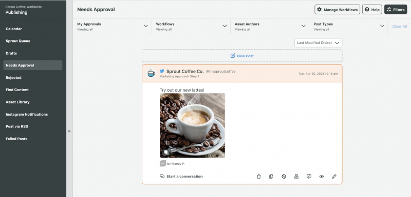   Une capture d'écran de Sprout's Message Approval Workflow featuring a Tweet in need of final sign off. 