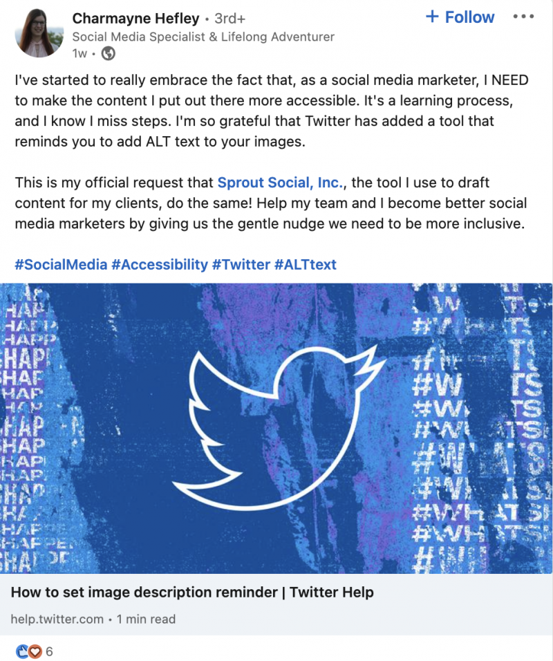   Snímek obrazovky příspěvku na LinkedIn, který hovoří o připomenutí přidání alternativního textu do tweetů.