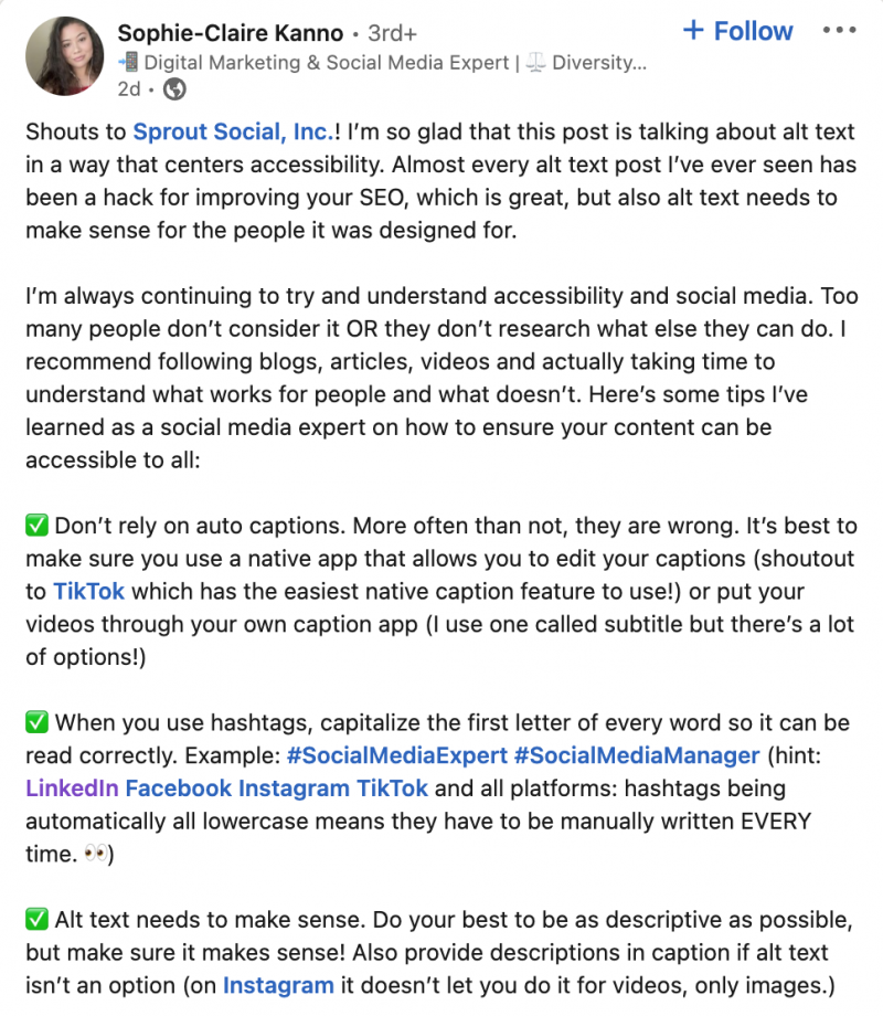   Snímek obrazovky myšlenkového vedoucího příspěvku LinkedIn o tom, jak se Sprout zabývá alternativními texty a doporučenými postupy pro usnadnění přístupu.