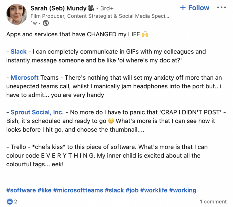   Snímek obrazovky příspěvku LinkedIn s jedním profesionálem's favorite tools including Sprout Social