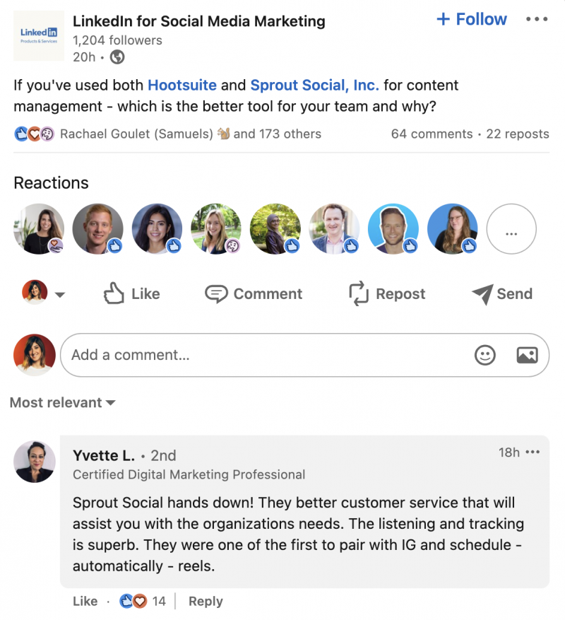   Snímek obrazovky příspěvku LinkedIn porovnávajícího Sprout Social a Hootsuite