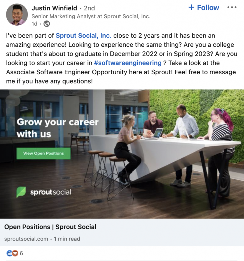   Příspěvek na LinkedIn od zaměstnance Sprout, který mluví o otevřené roli v jejich týmu.
