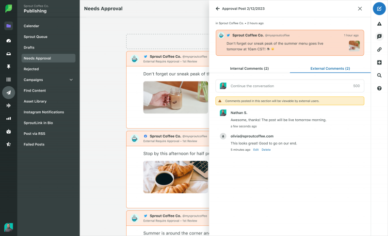   Een screenshot van posts op sociale media in Sprout Social die goedkeuring nodig hebben. Opmerkingen van interne beoordelaars en externe beoordelaars zijn aan de berichten toegevoegd.