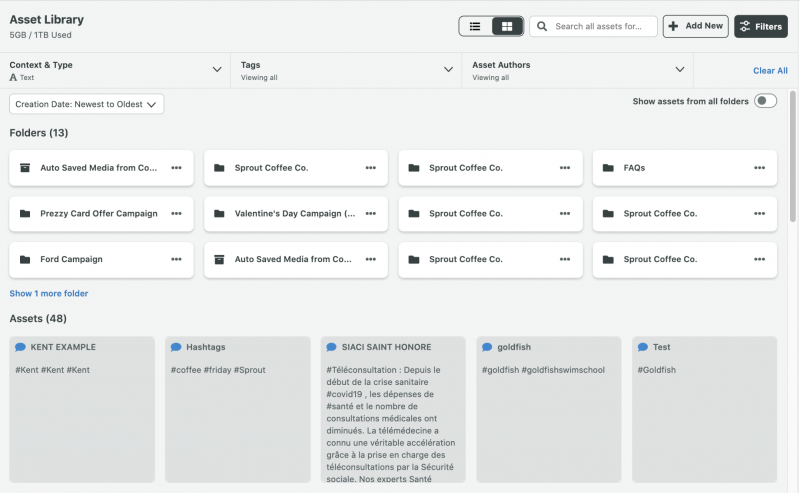   Een screenshot van Sprout Social's Asset Library. Within the library, you can see all text assets, including message replies. 