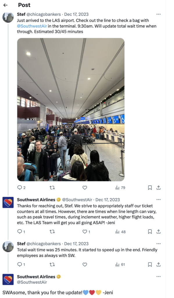   サウスウエスト航空のサポート チームと顧客間の X (旧 Twitter) 上でのカスタマー サービスのやり取りに関するソーシャル投稿。