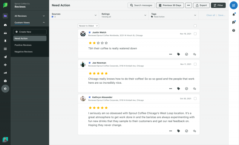   Sprout Social のレビュー管理機能のスクリーンショット。さまざまなソースからのレビューのセンチメントが表示され、タグでフィルタリングできます。