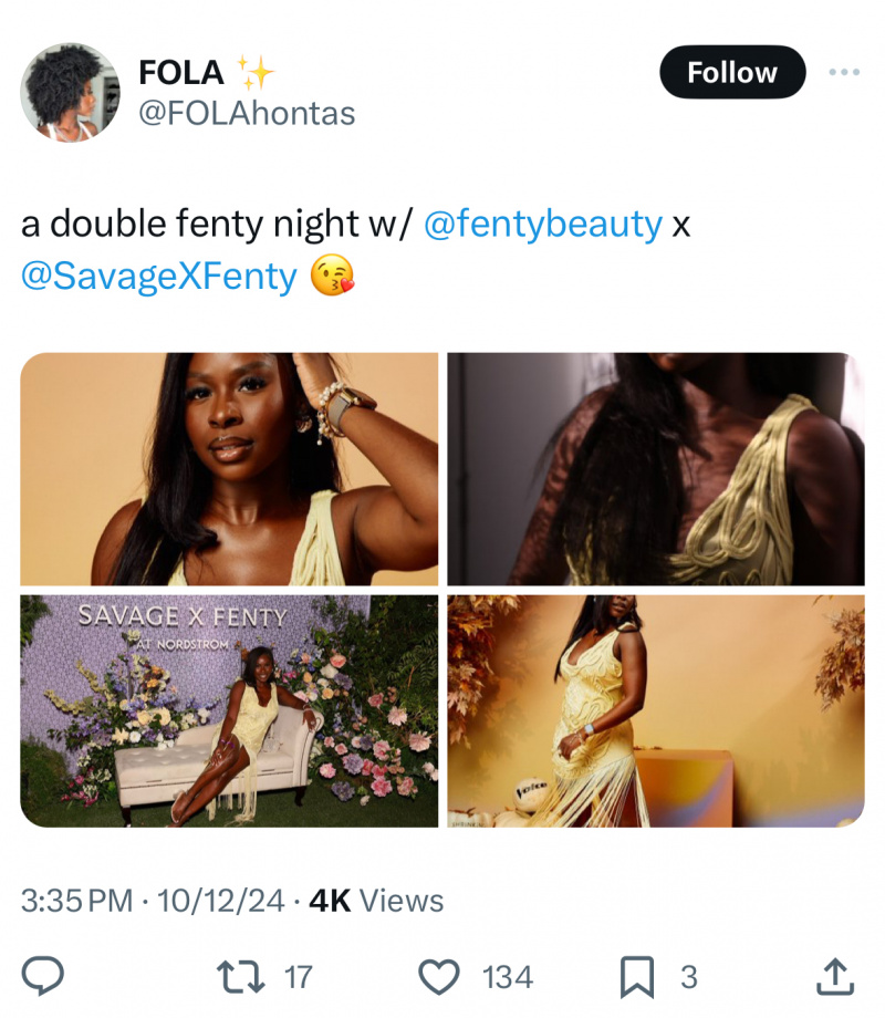  Una publicación de un influencer con @-menciones directas para Fenty Beauty y Savage x Fenty.