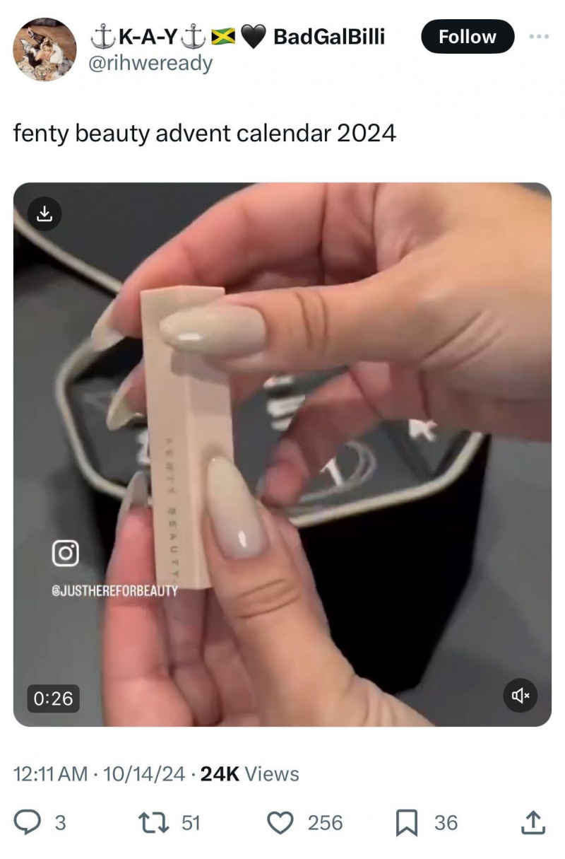   Una publicación de una influencer con mención indirecta a Fenty Beauty.